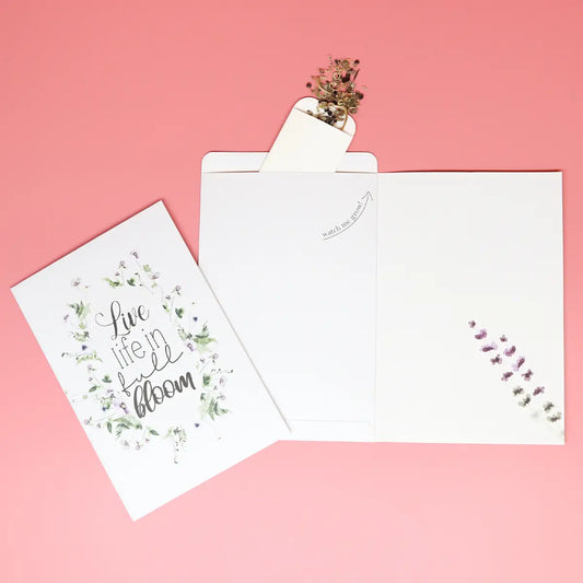 Live life in full bloom greeting card front and back