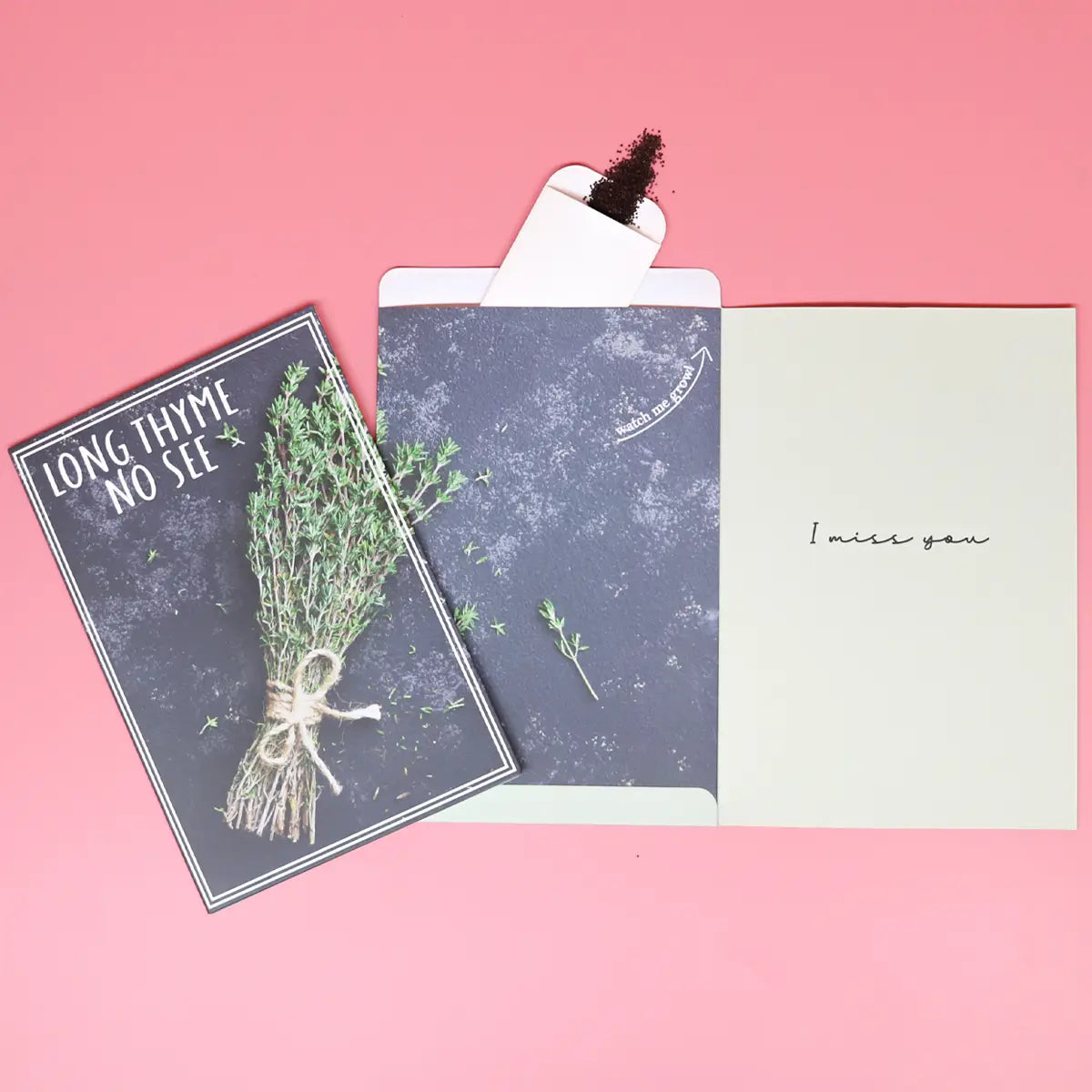 Long thyme no see greeting card front and back