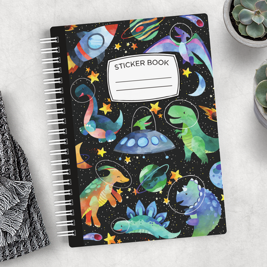 Reusable sticker book space dinosaurs