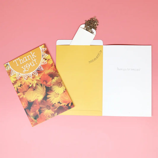 Thank you greeting card orange flowers front and inside 